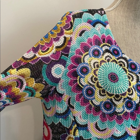 Joseph Ribkoff Multi-Colour Mandala Print Mesh Cardigan Size Large Artsy Boho - Picture 3 of 15